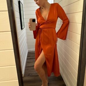 ASOS DESIGN Bias cut Satin Wrap dress with tie waist | Size 6 | Color Ginger